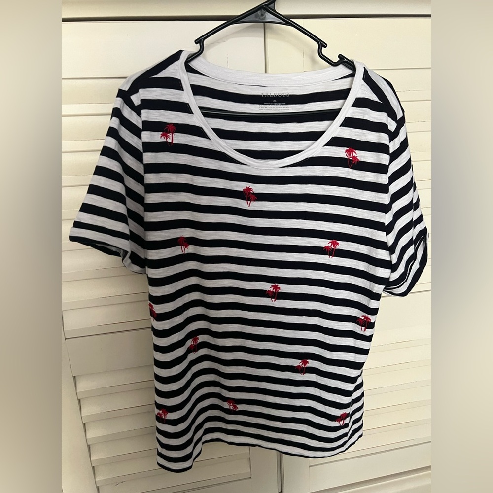 Talbots Black and White Striped Tee with Red Details